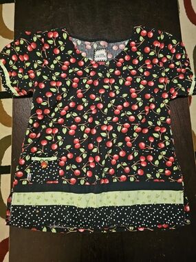 Mary Engelbreit Black Cherry Print Scrub Top with Green Accents